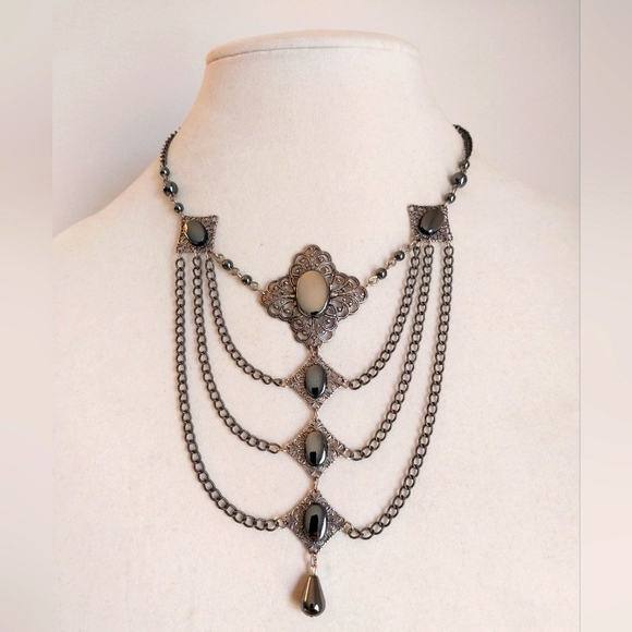 Handmade Jewelry - Goth hematite beaded necklace w/ chain details